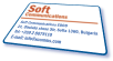 A business card with Soft Communications contacts (shred version)