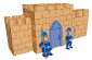 A fortification wall, with archer holes, and two soldiers guarding the main gate (schred version)