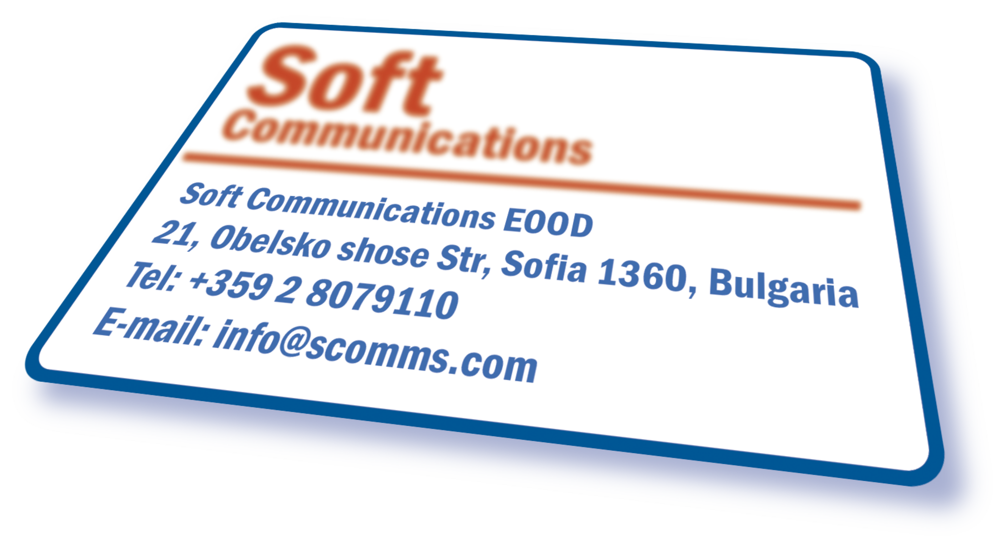 A business card with Soft Communications contacts