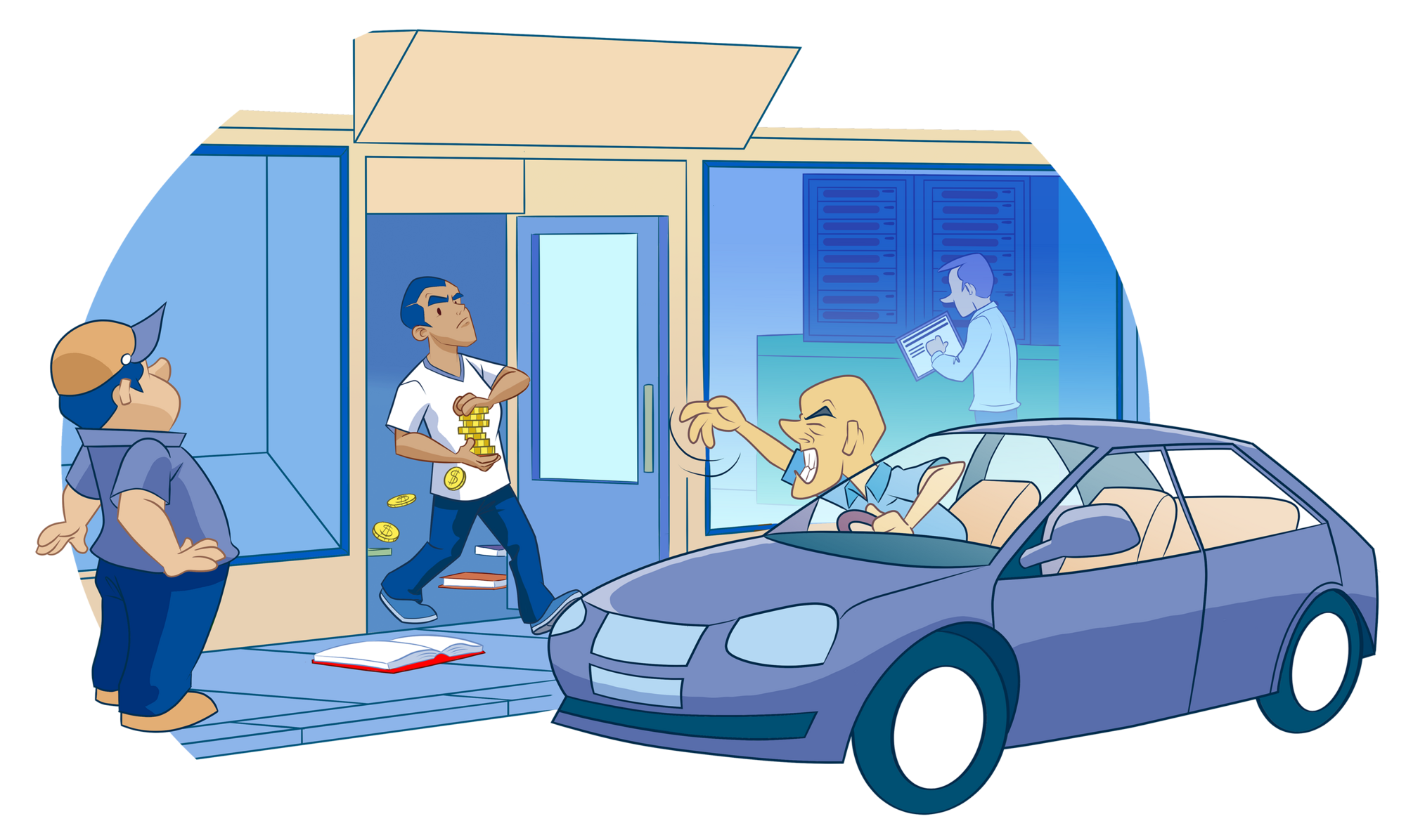 A robbery – one is hacking the server, second is counting the gold coins, third is following the schedule and fourth is waving them from the car to hurry up