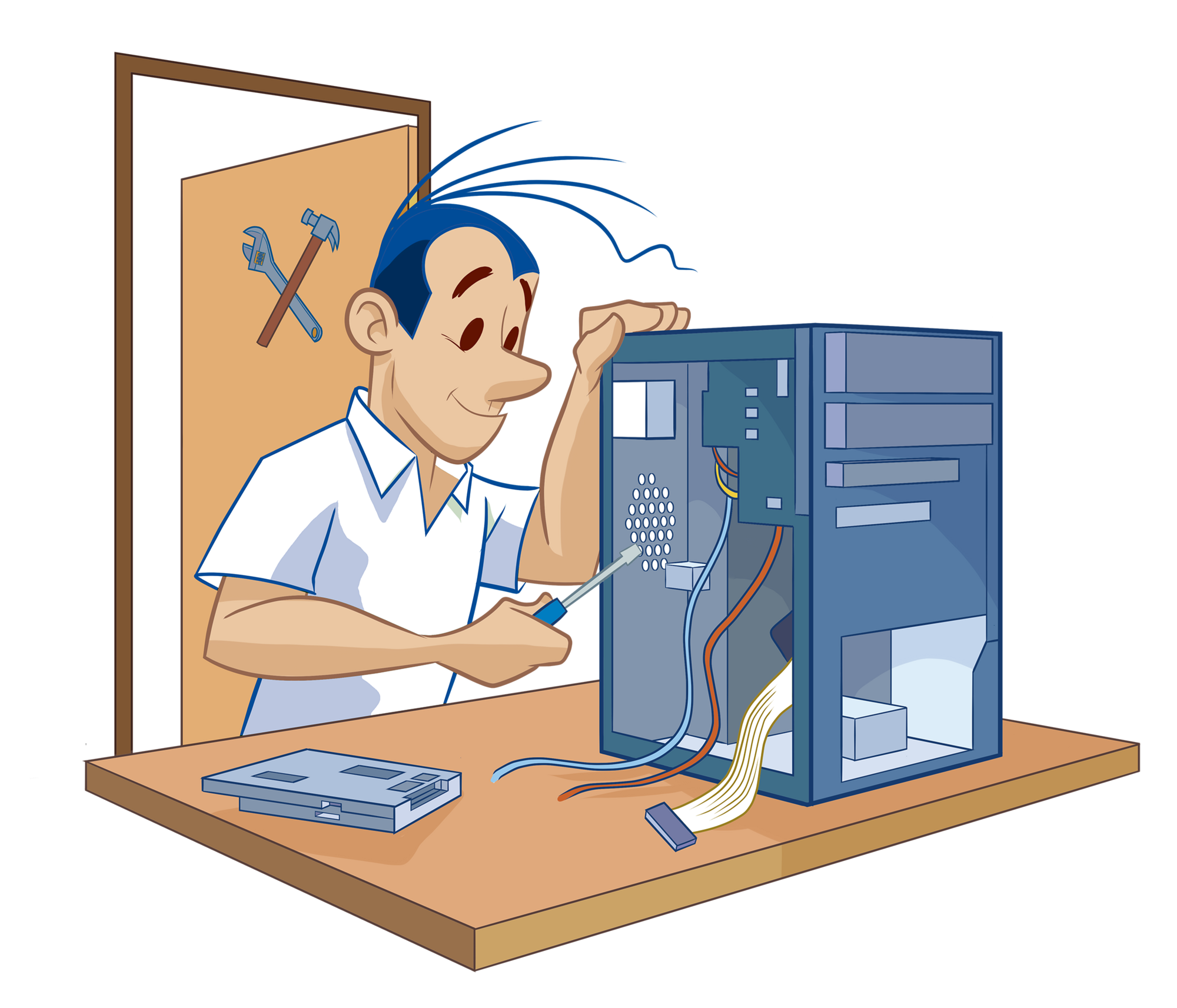 Човек в работилница поправящ компютър