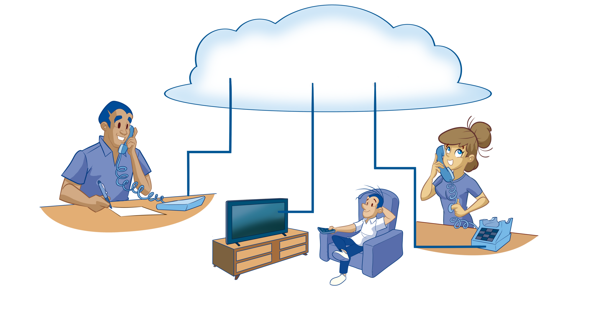 Two employees talking on the phone, third one watching TV, all connected to a cloud