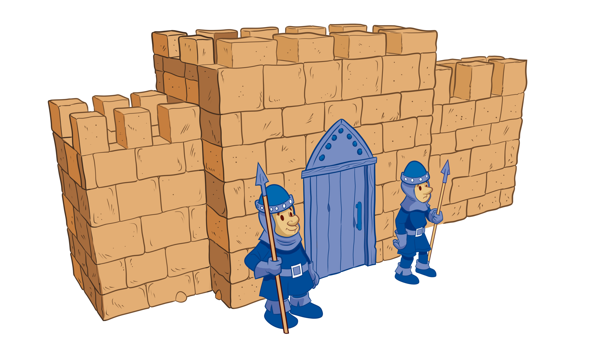 A fortification wall, with archer holes, and two soldiers guarding the main gate